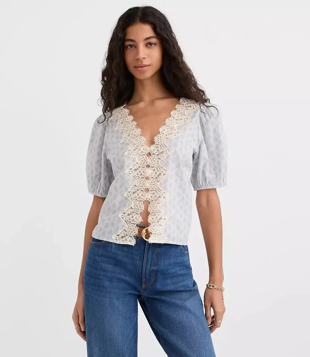 NEW LOFT Blue Paisley Eyelash Floral Lace Puff Sleeve Button Up Blouse Top XS